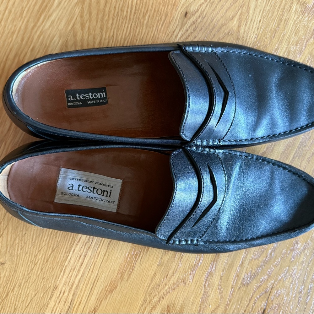 A. Testoni Black Leather Slip-On Loafers